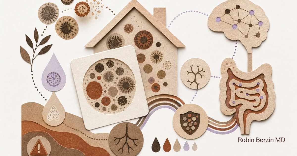 Cut-paper collage of a house, layered mold forms, and flowing air.