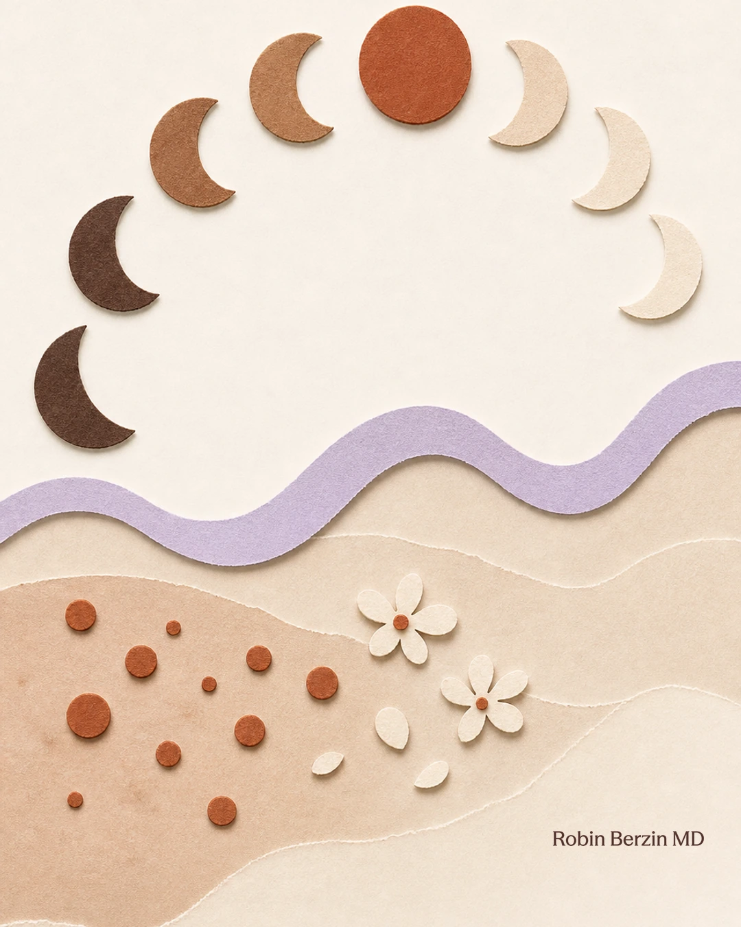 Cut-paper collage of moon phases, a lilac wave, and botanical forms.
